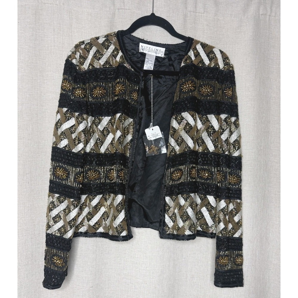 Niteline‎ Della Roufogali Beaded Sequin Jacket Women's M Black Gold Vintage
